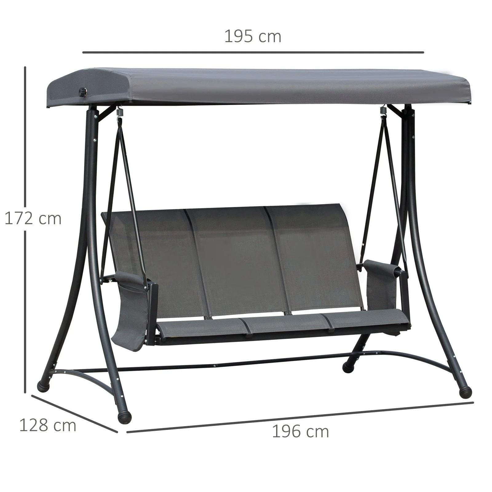 Easycomfort Dondolo 3 Posti da Giardino o Terrazzo con Tettuccio Regolabile e Tasche Portaoggetti Grigio Scuro 196x128x172cm