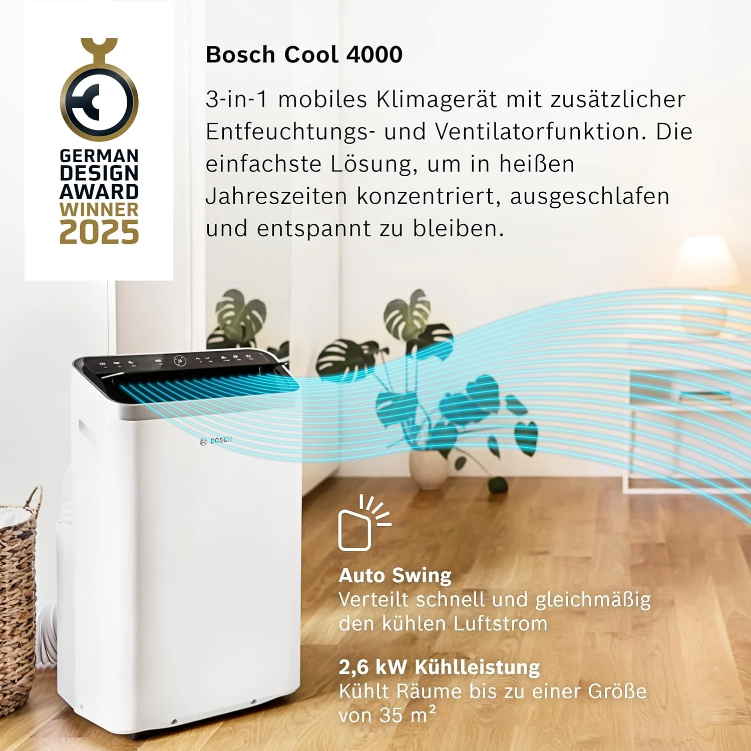 Bosch Cool 4000 Mobiles Klimagerät - 3-in-1: Klimagerät, Luftentfeuchter, Ventilator - 2,6 kW für Räume bis zu 35m² - Mit Auto-Modus, Silent-Modus & Sleep-Modus