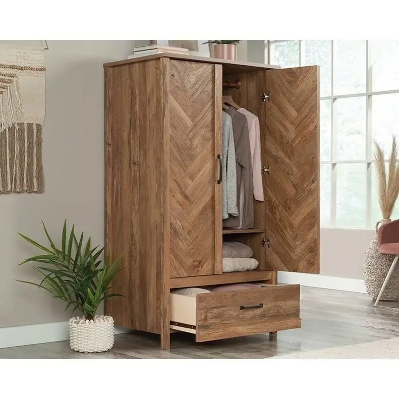 Rustic Farmhouse Herringbone Wardrobe Armoire with 1 Drawer and Garment Rod - Dimensions: 22.5