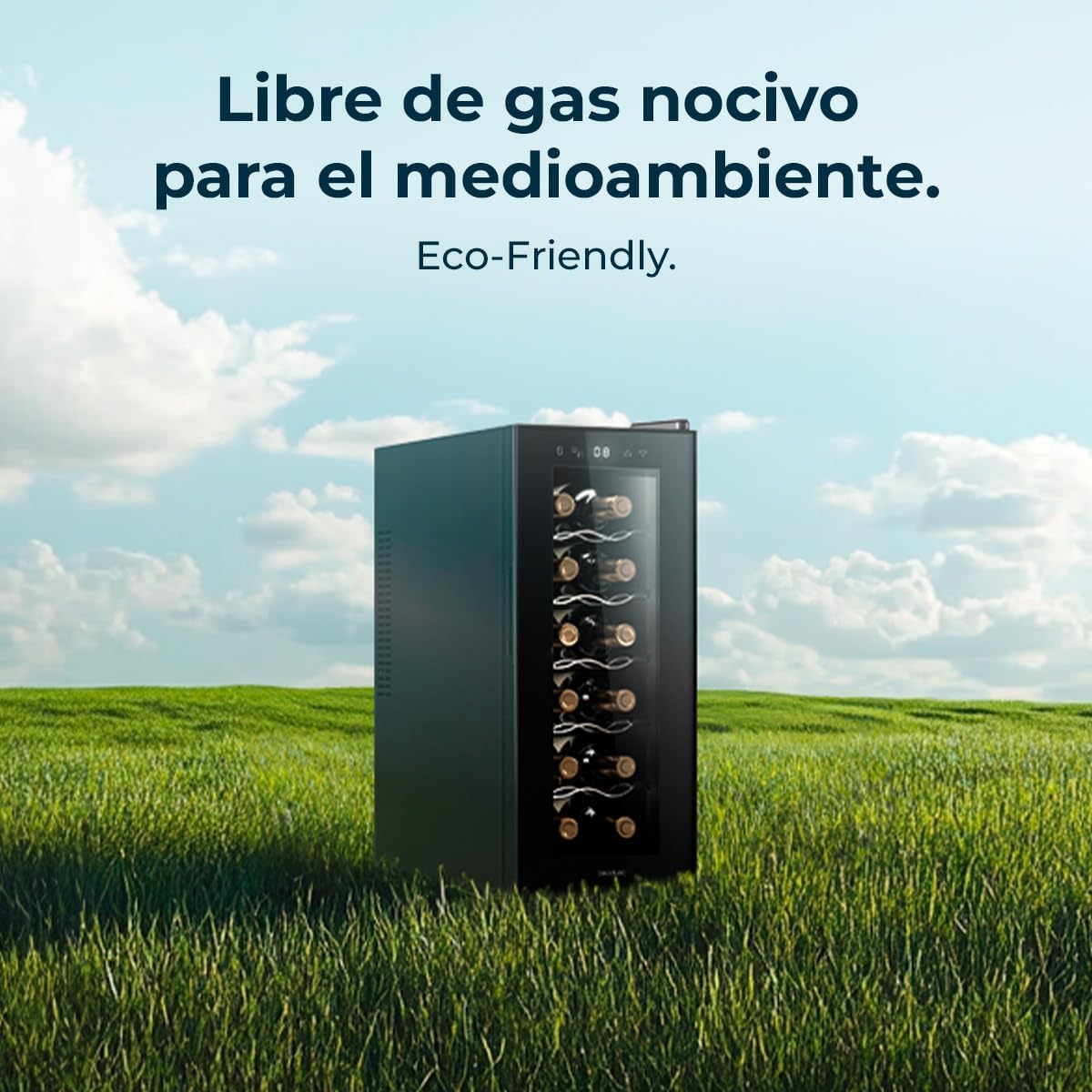 Cecotec Vinoteca Bolero GrandSommelier 1250 CoolCrystal. Bodega para 12 botellas, enfriamiento termoeléctrico, silenciosa con 35 dB, temperatura regulable de 8-18ºC, panel táctil y luz LED interior.