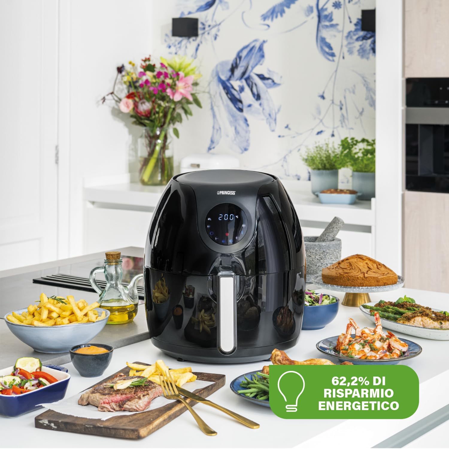 Princess Deluxe Oven Air Fryer - 11L - 1800W - Digital Touch Screen - 10 Preset Programs - Poultry and Basket Included - Stainless Steel - 182075
