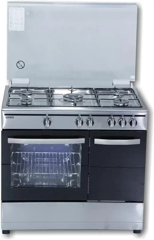 Horno Romer COCINA ROMMER 5 FUEGOS acero inoxidable HORNO GAS + PORTABOMBONAS 1 FUEGO TRIPLE CORONA TAPA CRISTAL, plata