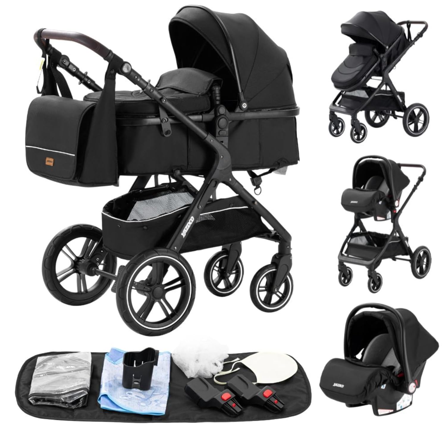 YAZOCO kinderwagen 3 in 1 Buggy Babybett Komplett Set Einem Klick Zusammenklappbarer Kinderwagen, KombiKinderwagen Aluminiumrahmen für Neugeborene (Schwarz)