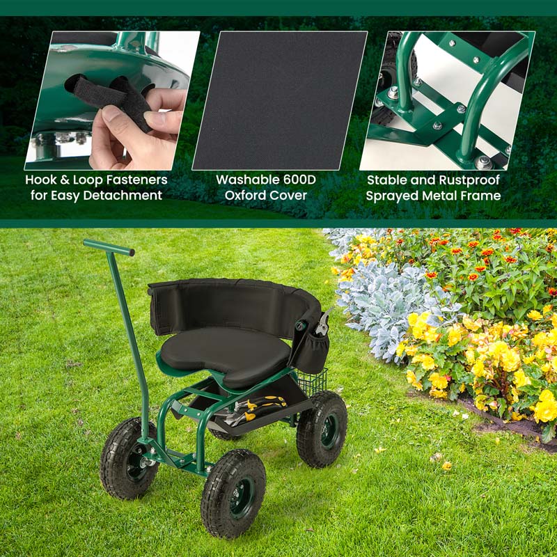 Eletriclife Rolling Garden Cart with Height Adjustable Swivel Seat and Storage Basket