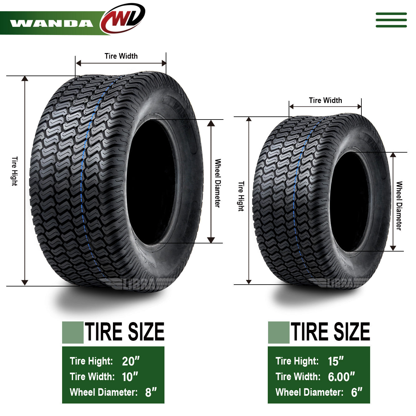 Set of 4 New Lawn Mower Turf Tires 15×6-6 Front and 20×10-8 Rear /4PR -13016-13040