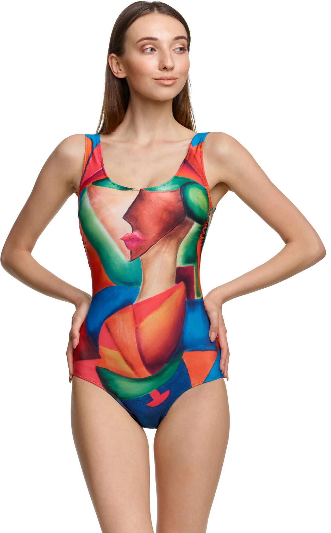 Shaping, One piece classic with cups 'Crimson cubism' swimwear