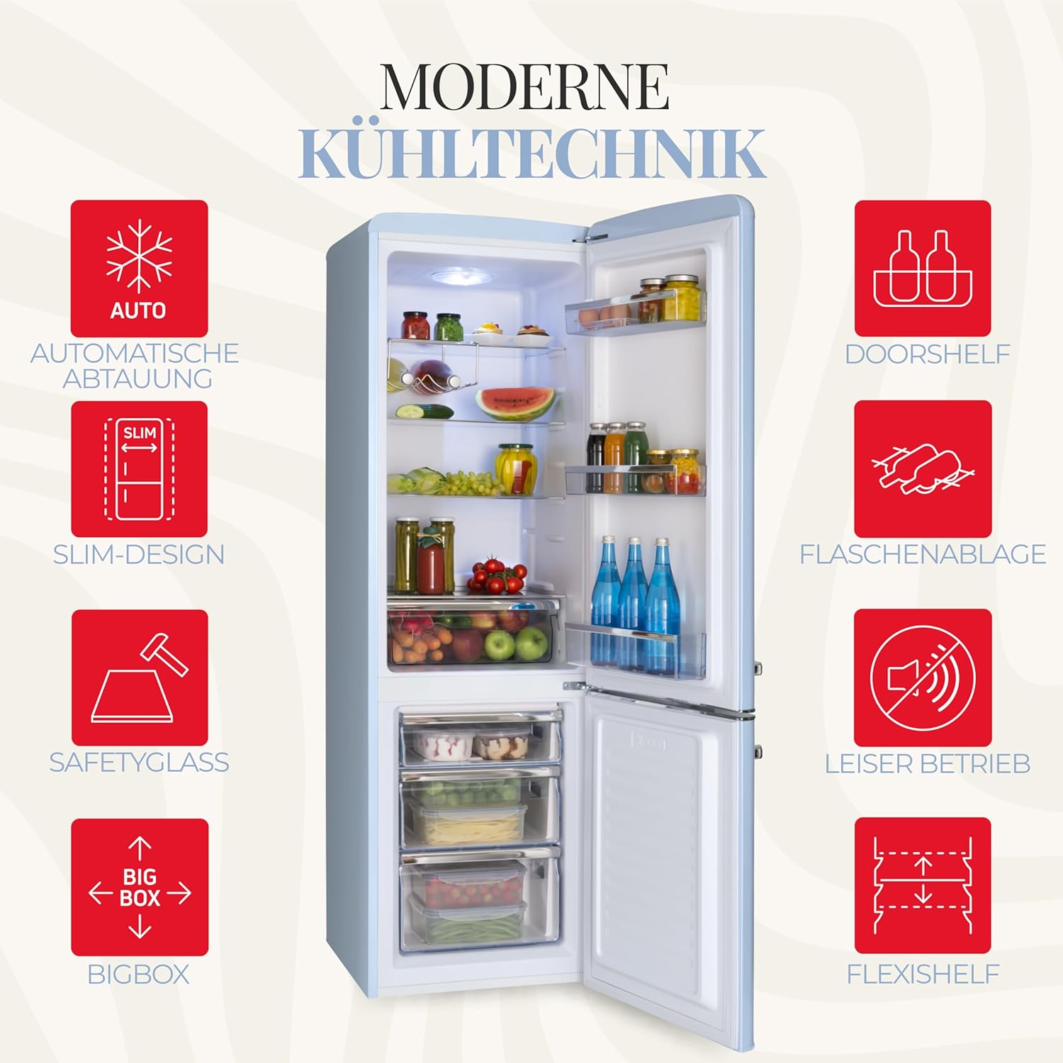 Amica KGCR 387 100 L Retro Kühl-/Gefrierkombination / Baby Blue (Hellblau) / 181cm (H) x 55cm (B) x 62cm (T) / Retro-Design / Kühlschrank mit Gefrierfach