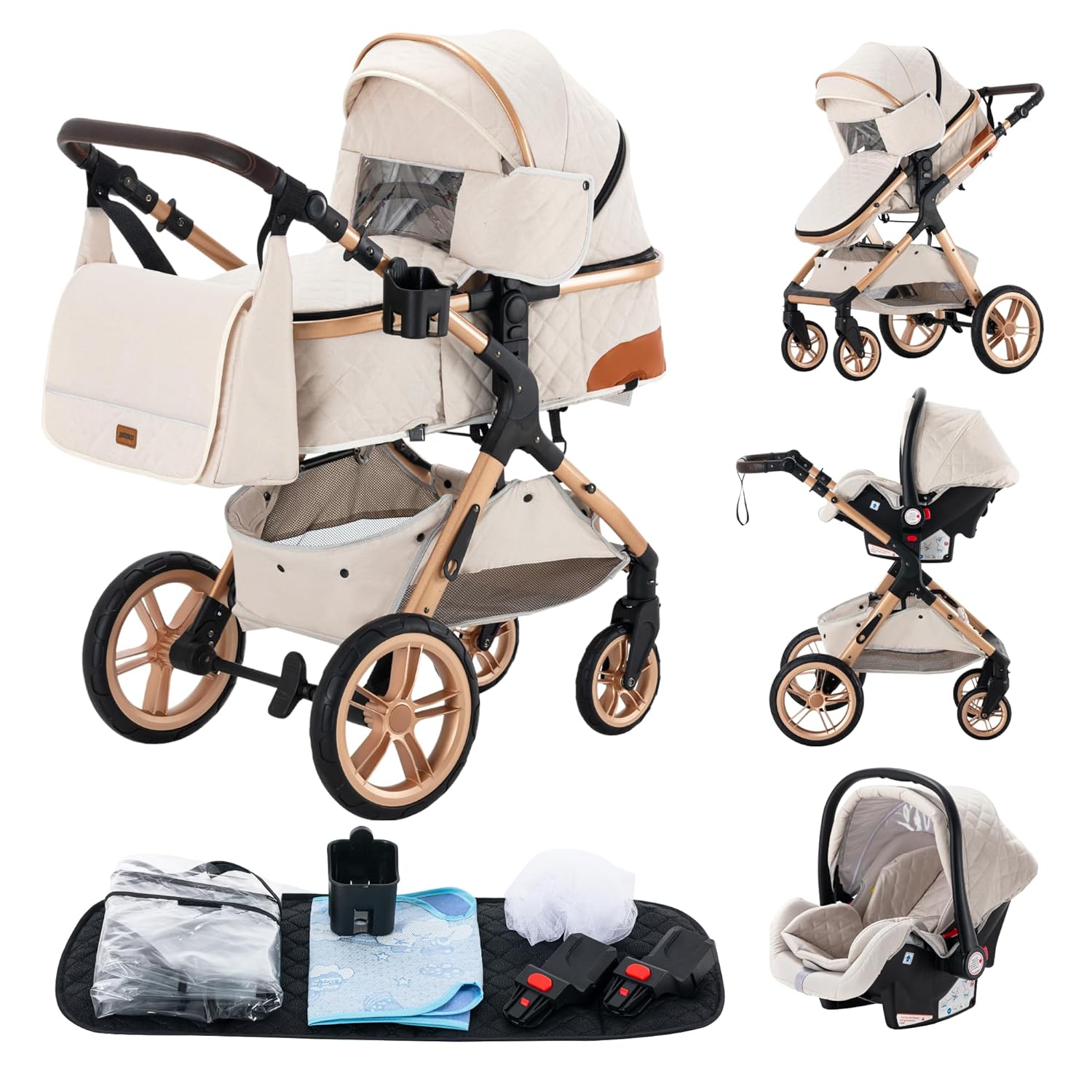 YAZOCO kinderwagen 3 in 1 Buggy Babybett Komplett Set Einem Klick Zusammenklappbarer Kinderwagen, KombiKinderwagen Aluminiumrahmen für Neugeborene (Schwarz)