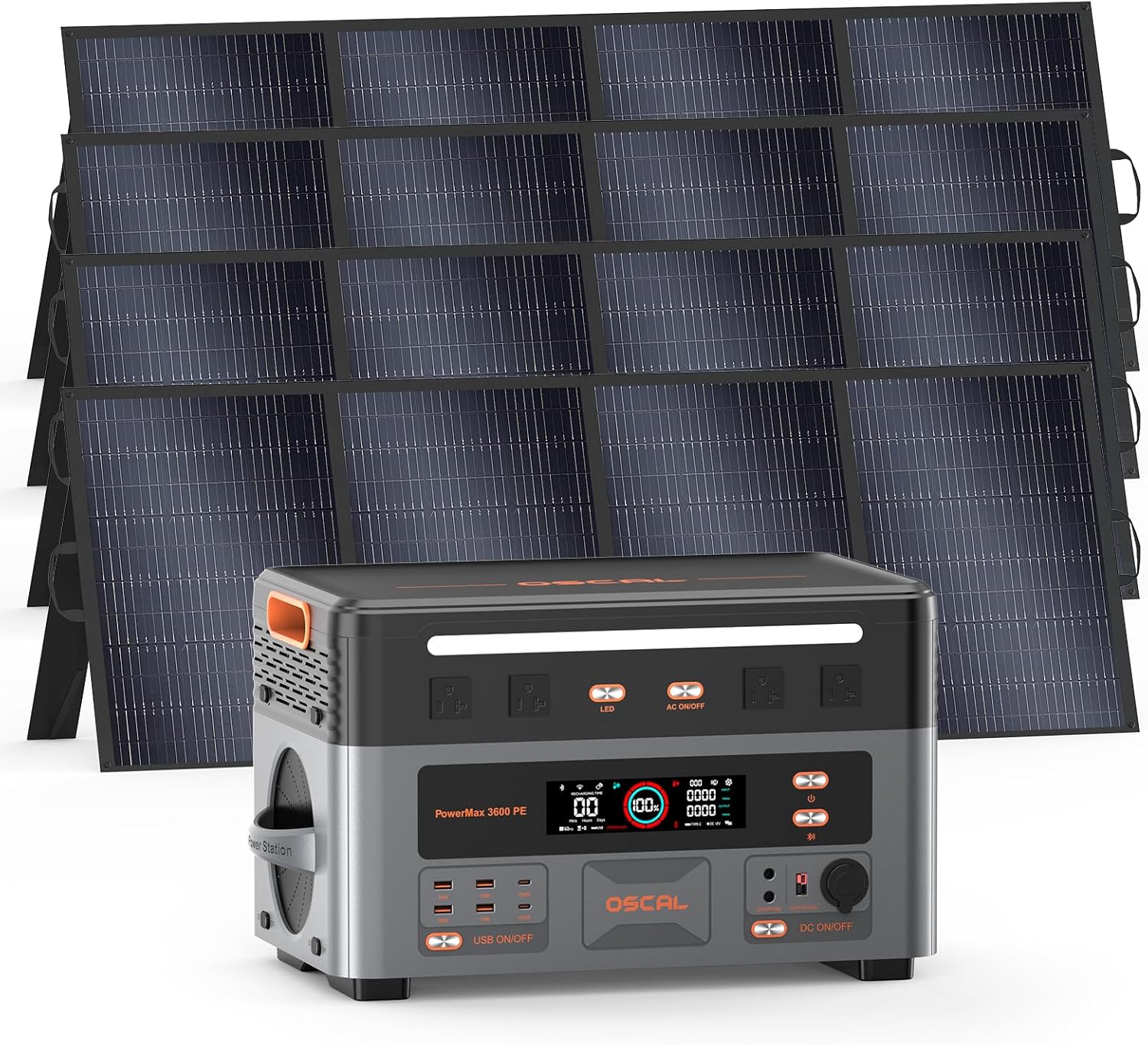 OSCAL 3600W Generador Solar Portátil con Panel Solar 4x400W, PowerMax 3600PE 7200W Pico Estación de Energía, 2016Wh Batería LiFePO4, Carga Rápida AC1500W UPS Backup APP Respaldo Power Station