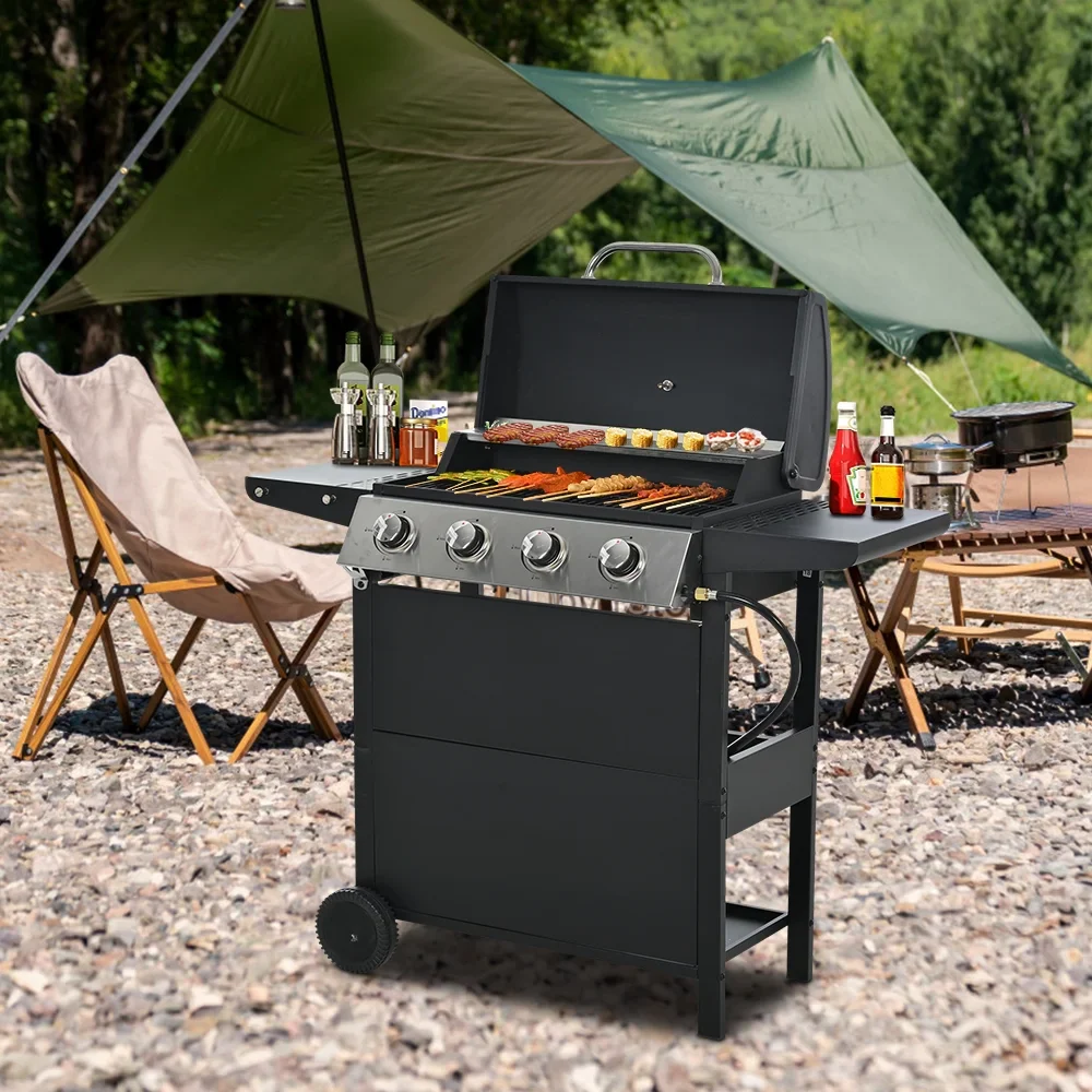 2026 Parrilla a gas SEGMART de 4 quemadores de acero inoxidable – 34,200 BTU, barbacoa para jardín/patio con dos estantes plegables y termómetro, ideal para camping y cocina al aire libre