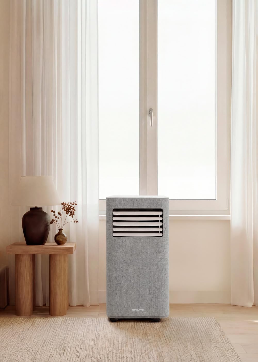 CREATE SILKAIR TEXTILE DUAL CONNECT 9000 / Mobile Klimaanlage 4 in 1 WiFi 9000 BTU mit Wärmepumpe / Mit Absaugset für Schiebe- und Klappfenster, bis 20m², 24L, 1005W