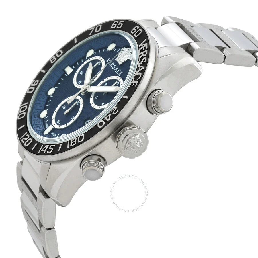 Versace Greca Dome Swiss Made Chronograph Blue Dial Silver Watch - VE6K00323