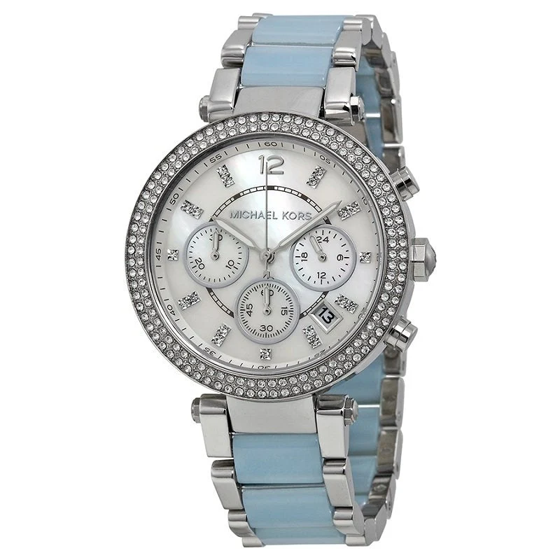 Michael Kors Parker White Dial Silver and Blue Acetate Women's Watch - MK6138
