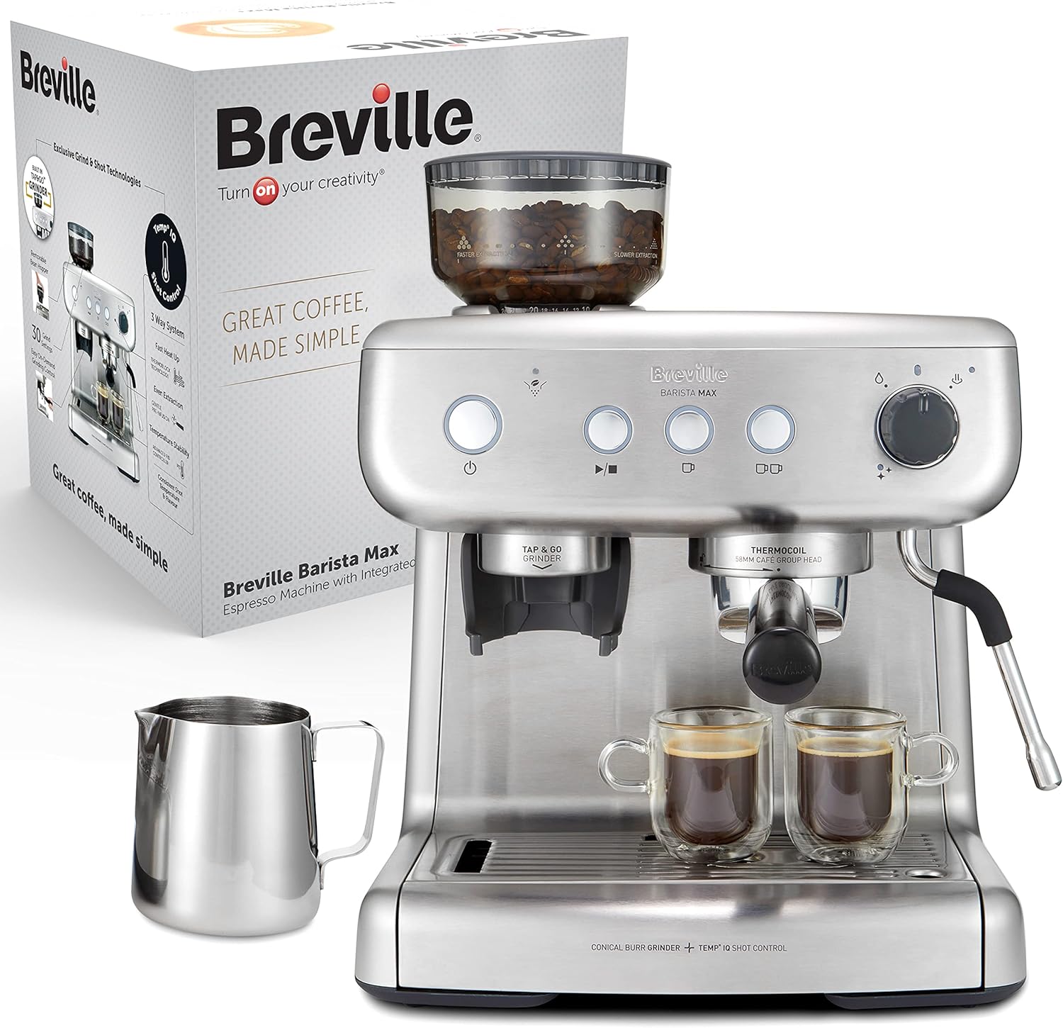 Breville Barista Max Siebträgermaschine | Espressomaschine/Kaffeemaschine mit integriertem Mahlwerk und Milchaufschäumer| 2,8-l-Wasserbehälter | Italienische Pumpe mit 15 Bar | Edelstahl [VCF126X]