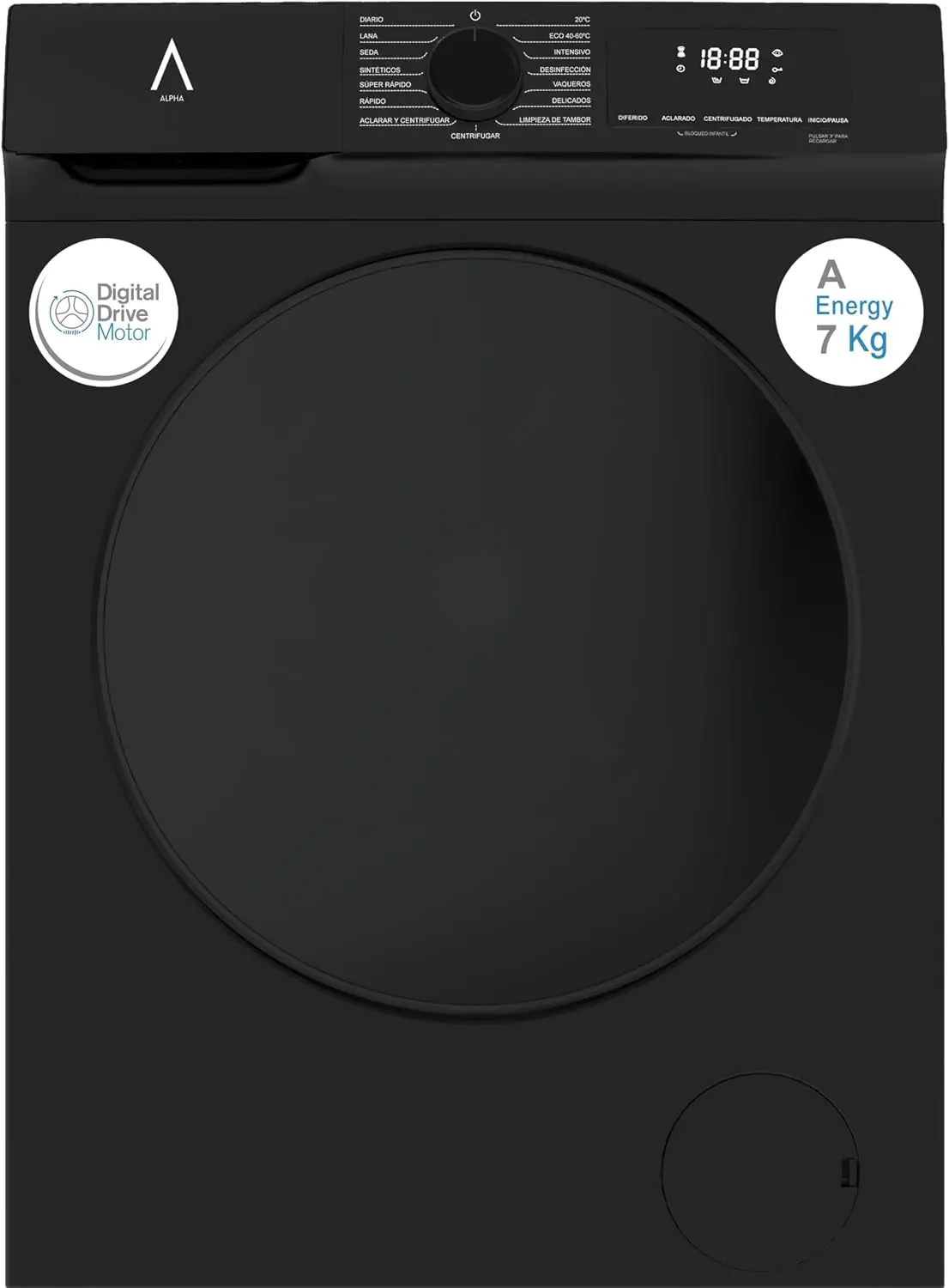 Lavadora ALPHA TITAN Elite-7, Eficiencia A, Negro Brillo, 1.200rpm, 7kg