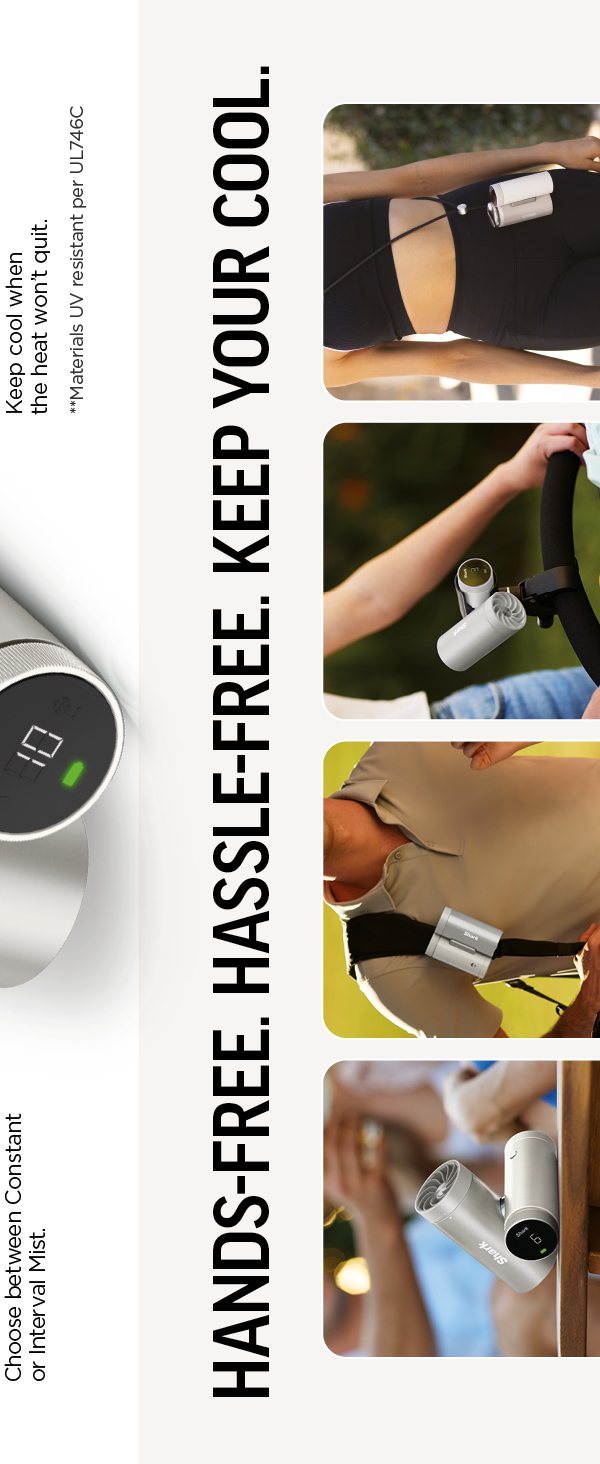Text reads 'Charge wireless à longue', 'Keeps cool when', 'HANDS-FREE. HASSLE-FREE. KEEP YOUR COOL.' Portable cooling device with tagline and four lifestyle demonstration photos showing hands-free wearable cooling usage.