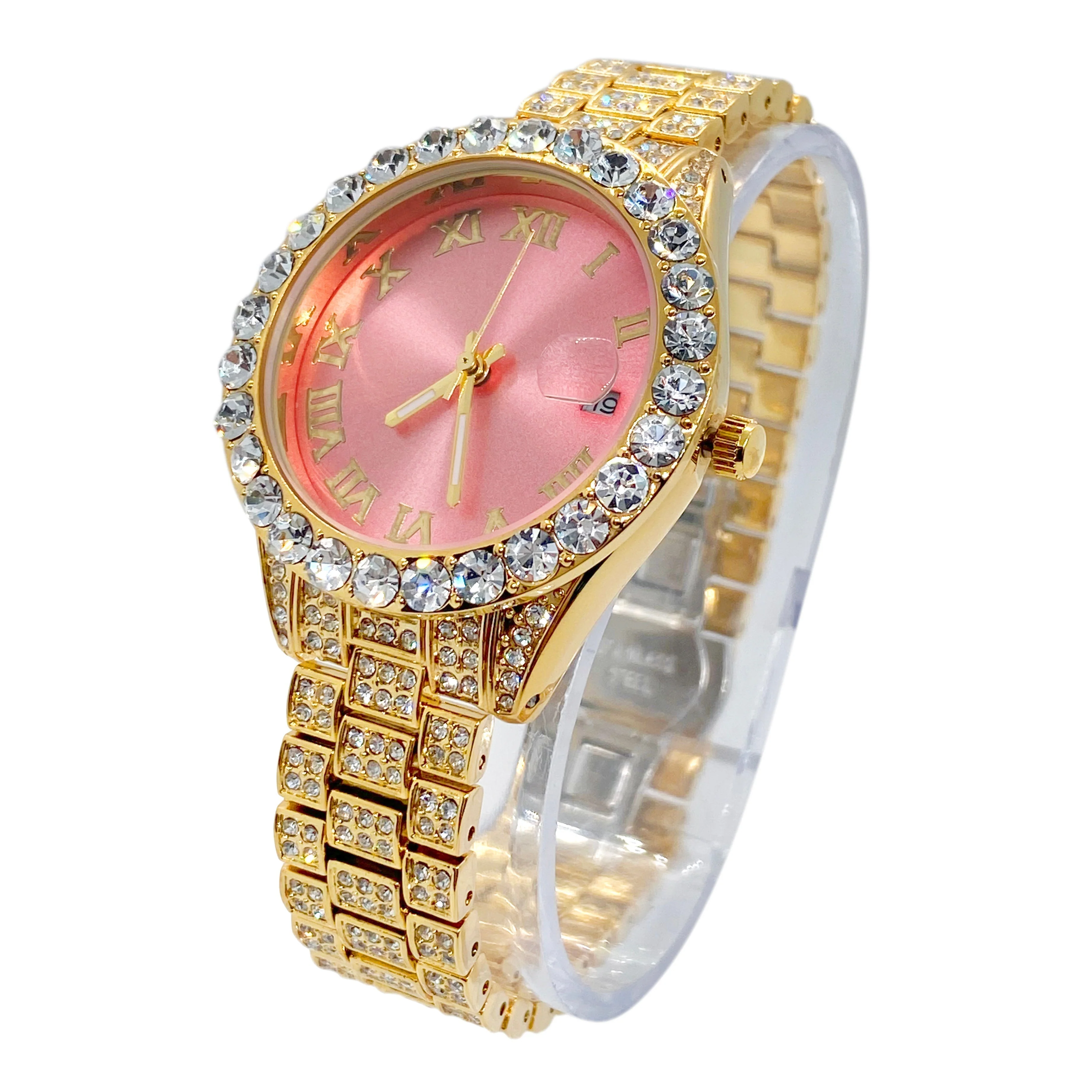 Big Daddy Bling Gold Pink Dial Roman Numeral Watch