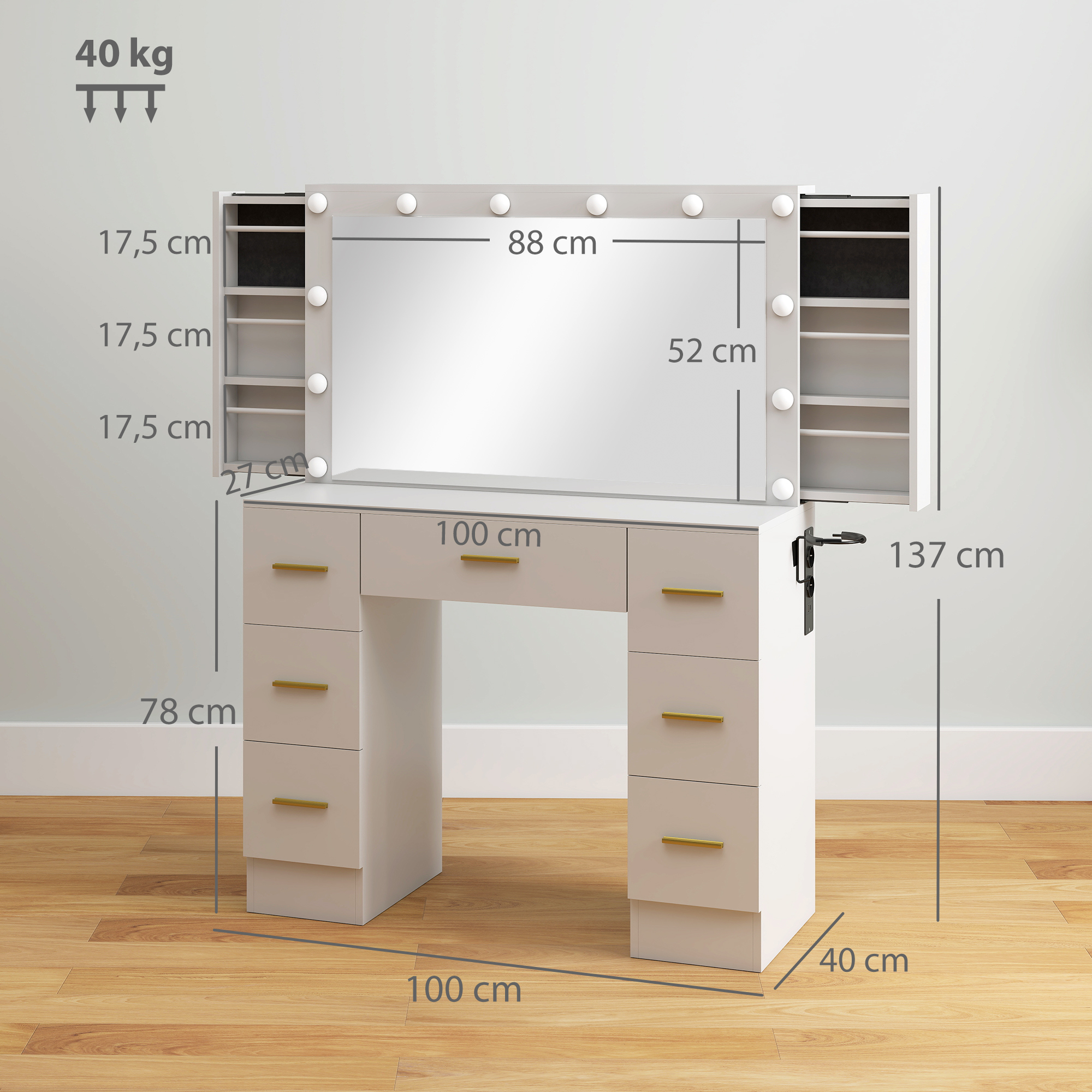 HOMCOM Schminktisch mit Spiegel und 12 LED-Lichtern, Frisiertisch mit 7 Schubladen, 6 versteckte Staufächer, Spanplatte, Weiß