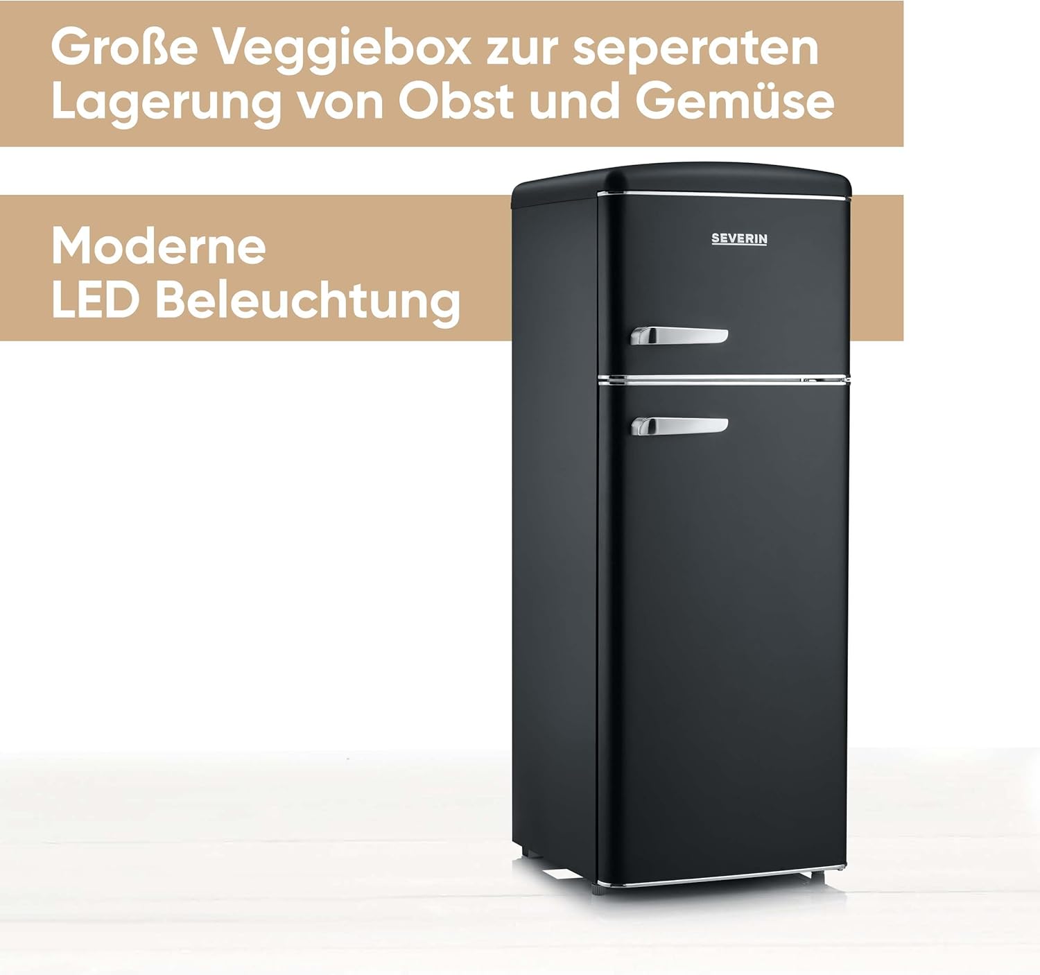 SEVERIN Retro - Kühl-/ Gefrierkombination, platzsparendes Raumwunder, 4 x höhenverstellbare Abstellflächen und eine große Veggiebox, 206 L Nutzinhalt, creme, RKG 8933