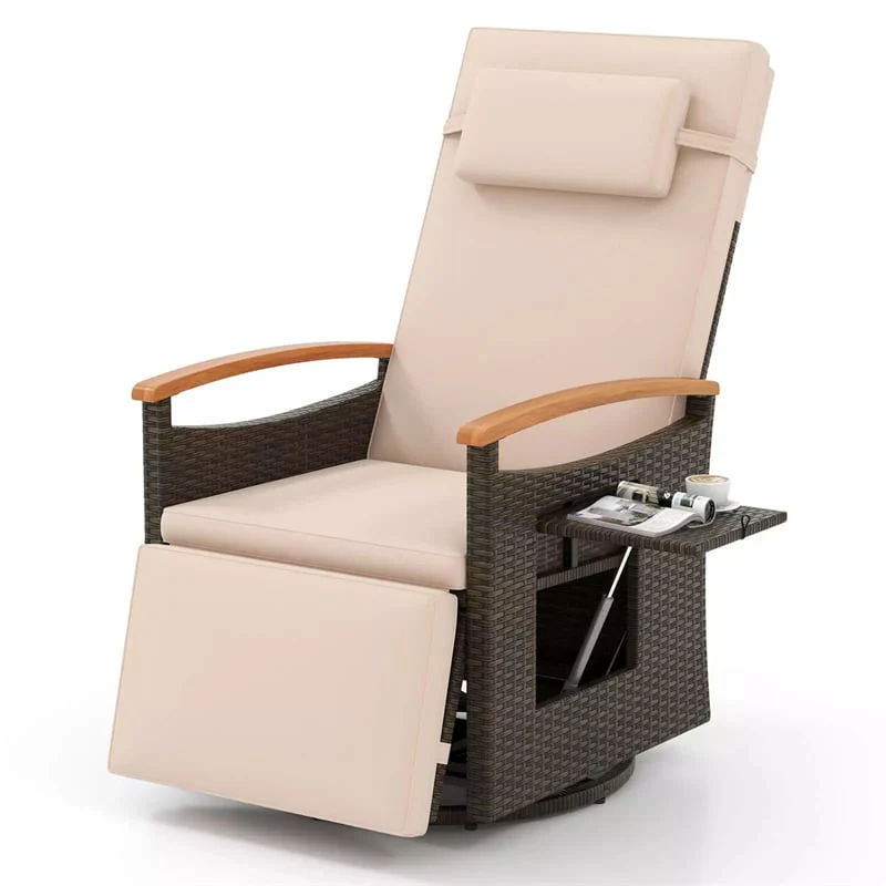 Outdoor 360° Swivel Rattan Recliner Chair with Adjustable Backrest & Footrest, Patio Wicker Chaise Lounge Chair with Flip Side Table & Cushion