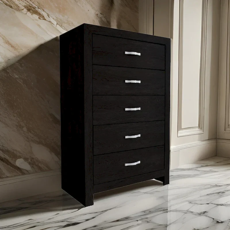 Ancy 48-Inch Tall 5-Drawer Dresser Chest with Faux Diamond Inlay Handles in Black