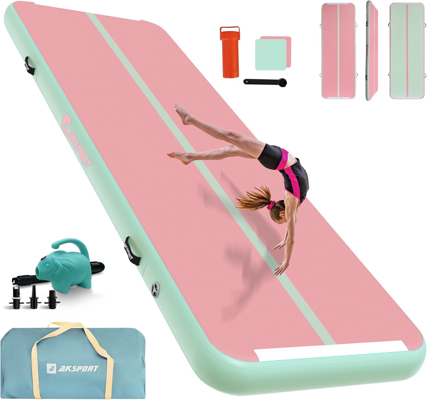 AKSPORT Luftmatta Gymnastikmatta, 3/4/5/6M Uppblåsbar Gymnastikmatta Tumblingmattor, 10/20cm Hög med Luftpump för Hemma Tumbling/Gymnastikhall/Träning/Cheerleading