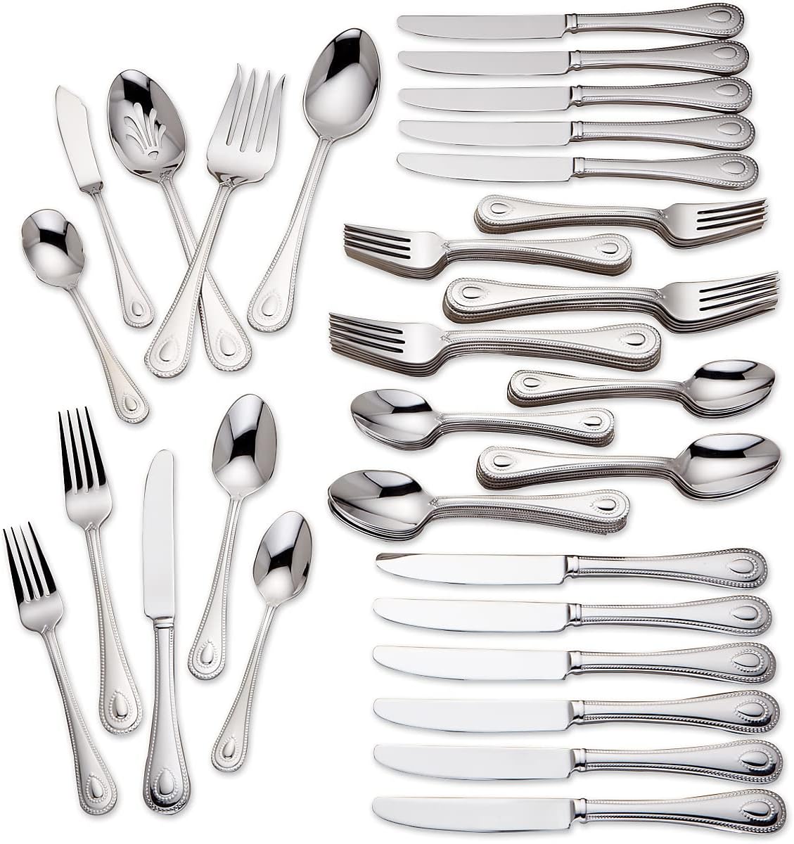 Lenox Silverware Set For 12, French Perle 65-Piece Flatware Set with Serving Utensils, Service For 12, Elegant 18/10 Stainless Steel Utensils with Beading, Knives Spoons & Forks (Silver, 65 Piece)