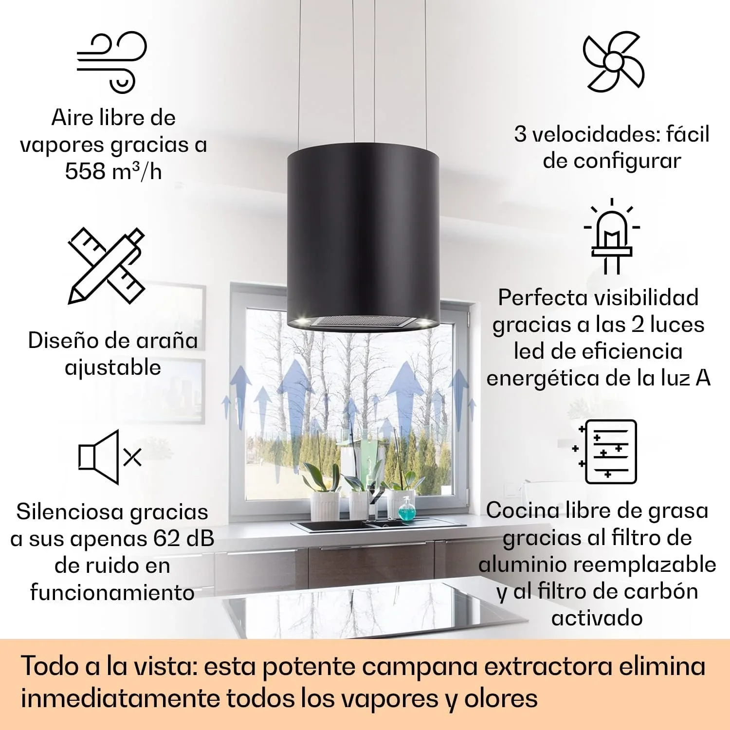 Klarstein Campana Isla Cocina, Extractor para Islas, Campana Isla Techo Flujo Aire 558m³/h, Campana Extractora Diseño Candelabro, Extractor Humos Cocina con Filtros de Carbón Activo