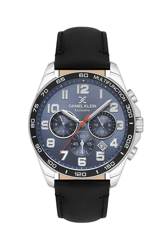 Daniel Klein Exclusive Chronograph Blue Dial Black Genuine Leather Silver Watch - DK.1.13843-3