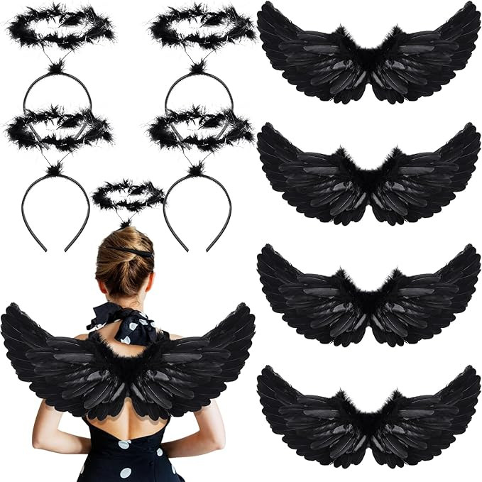8 PACK Child Angel Wings Black + Bonus 8 Angel Halos  4699