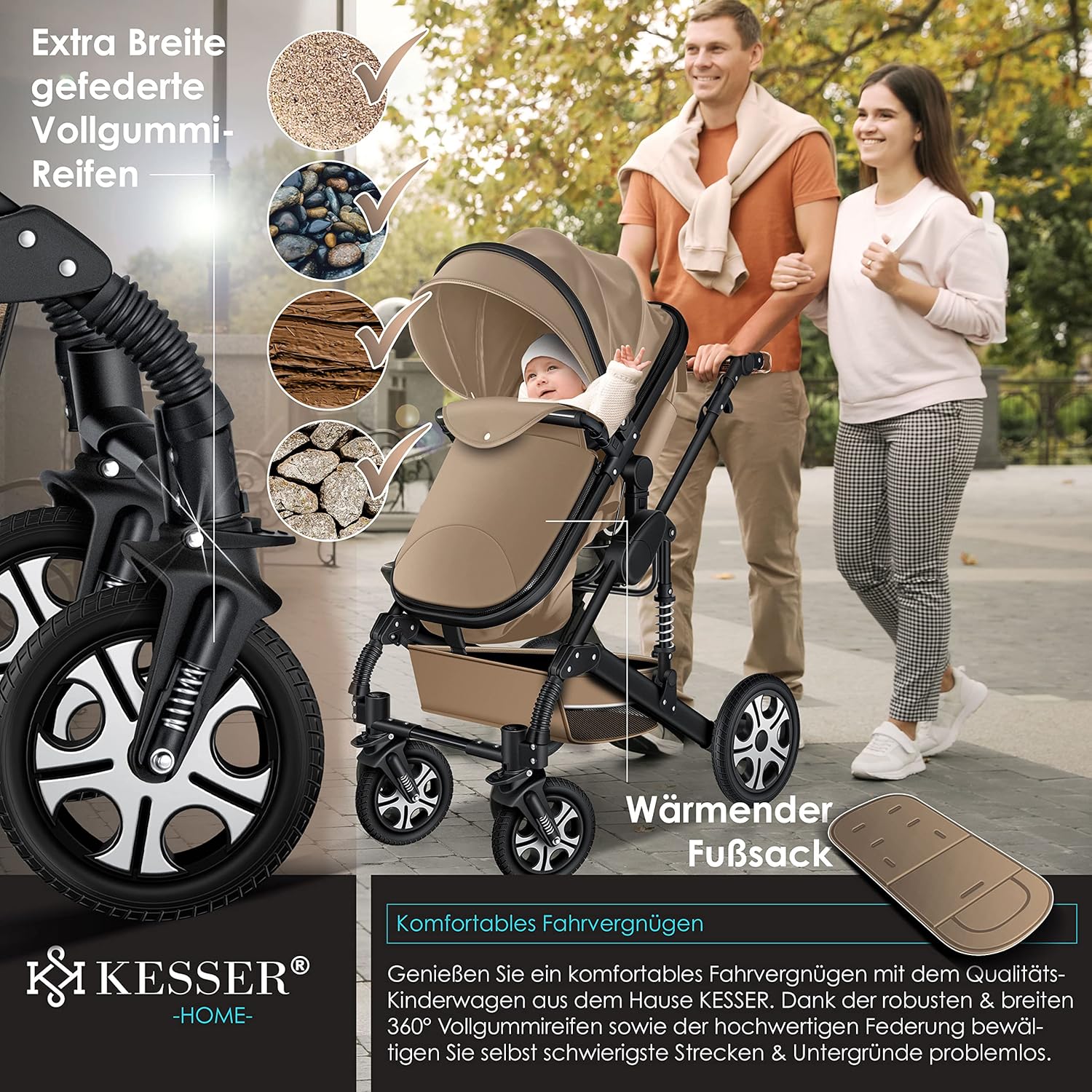 KESSER® Loops 3 in 1 Kinderwagen Kombikinderwagen Komplett-Set inkl. Babywanne & Buggy Sportsitz & Auto-Babyschale Voll-Gummireifen Wickeltasche Regenschutz Kindertisch ECE R129, Grau/Silber