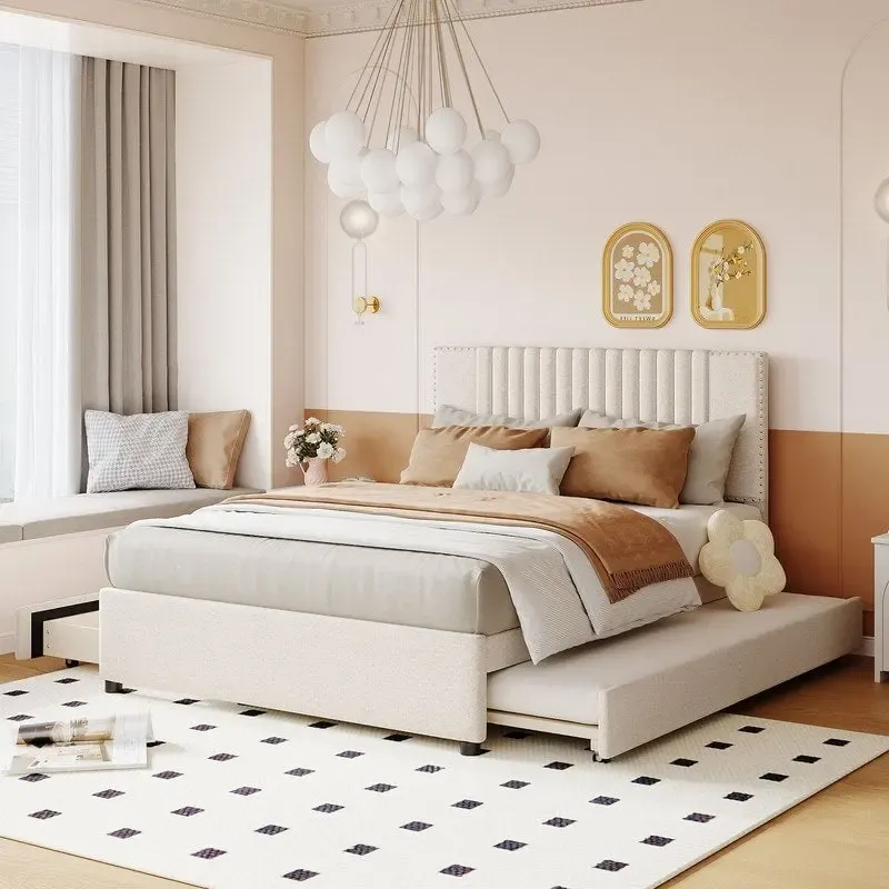 Queen/Full Size Linen Upholstered Platform Bed with 2 Storage Drawers and Trundle