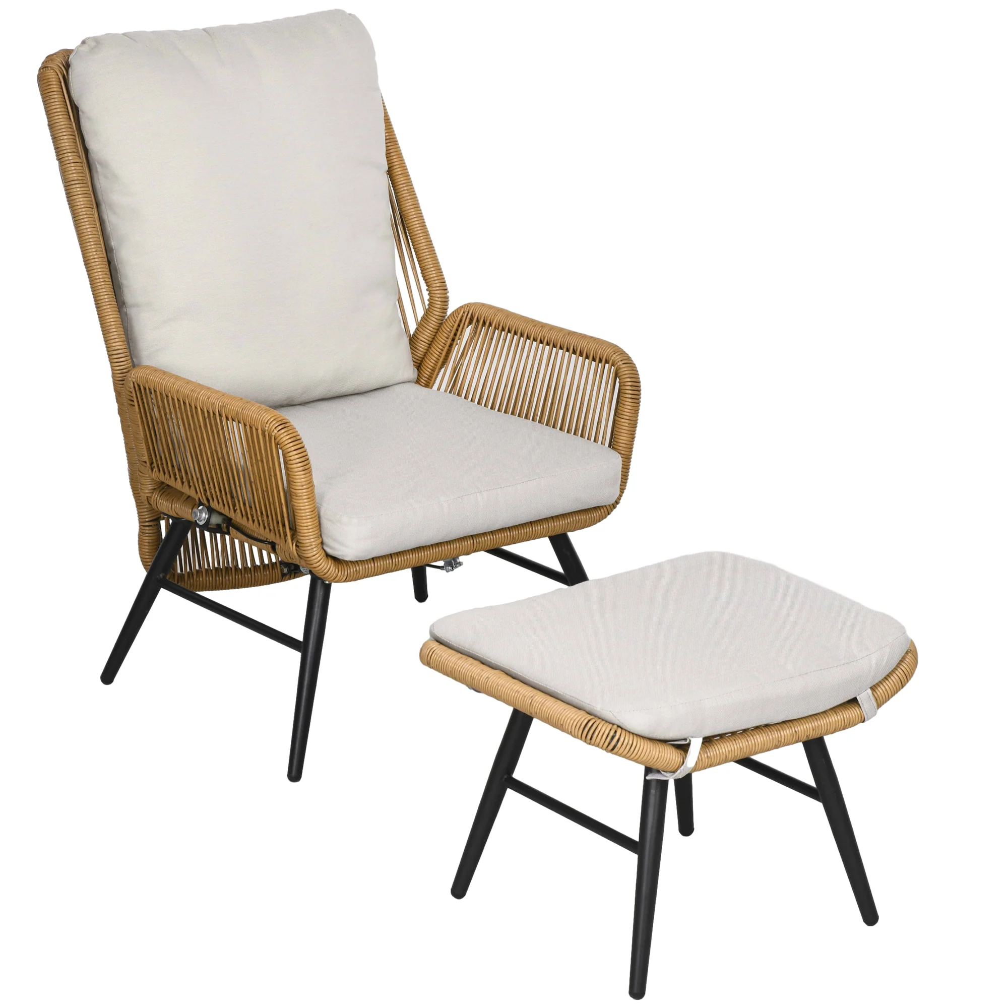 Outsunny Polyrattan Tuinstoel en Voetenbank, verstelbare leuning, Lichtbruin/Grijs/Zwart