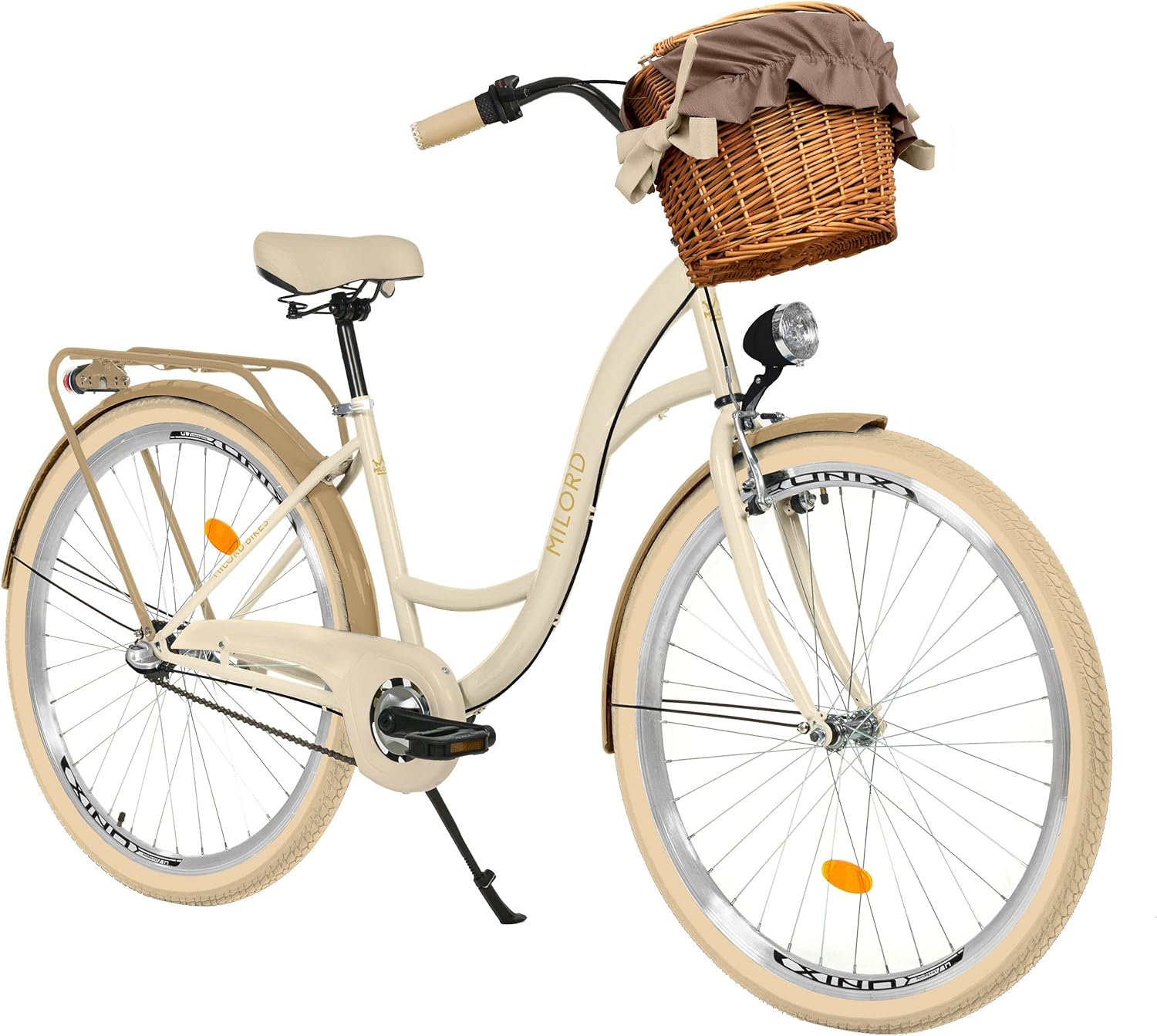 MILORD. Bicicleta de 26 pulgadas, 3 velocidades, color crema y marrón, con cesta y respaldo, bicicleta holandesa, bicicleta de ciudad, retro, vintage