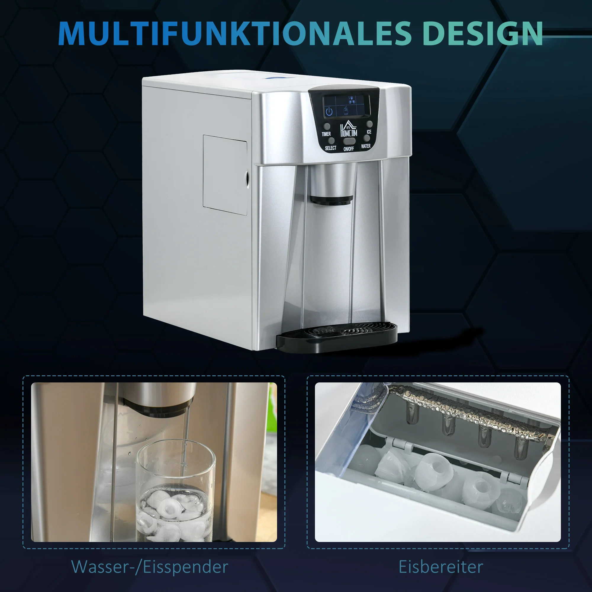 HOMCOM IJsblokjesmachine IJsblokjesmaker Ice-Maker, Timerfunctie, 25,2 cm x 38,9 cm x 36,3 cm, Zilver