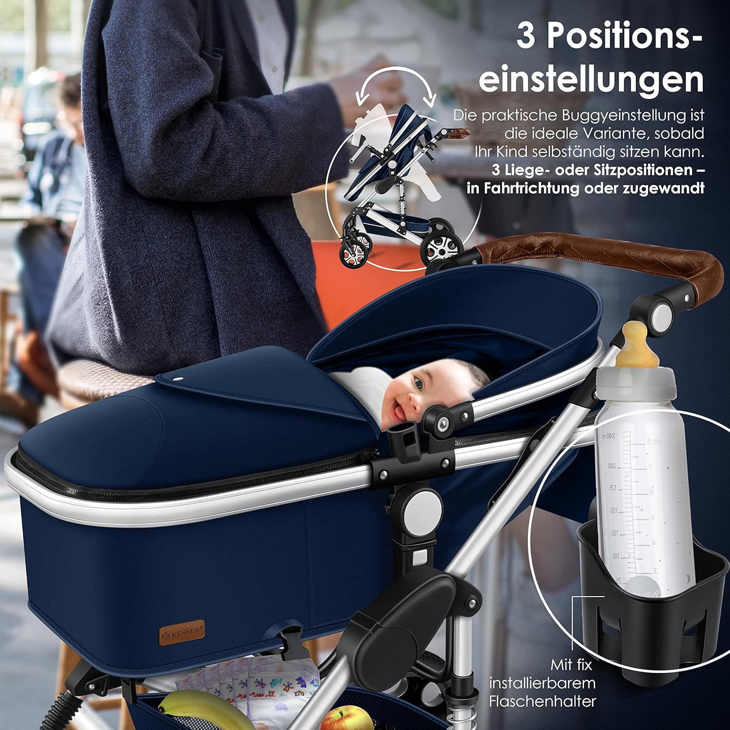 KESSER® Loops 3 in 1 Kinderwagen Kombikinderwagen Komplett-Set inkl. Babywanne & Buggy Sportsitz & Auto-Babyschale Voll-Gummireifen Wickeltasche Regenschutz Kindertisch ECE R129, Grau/Silber