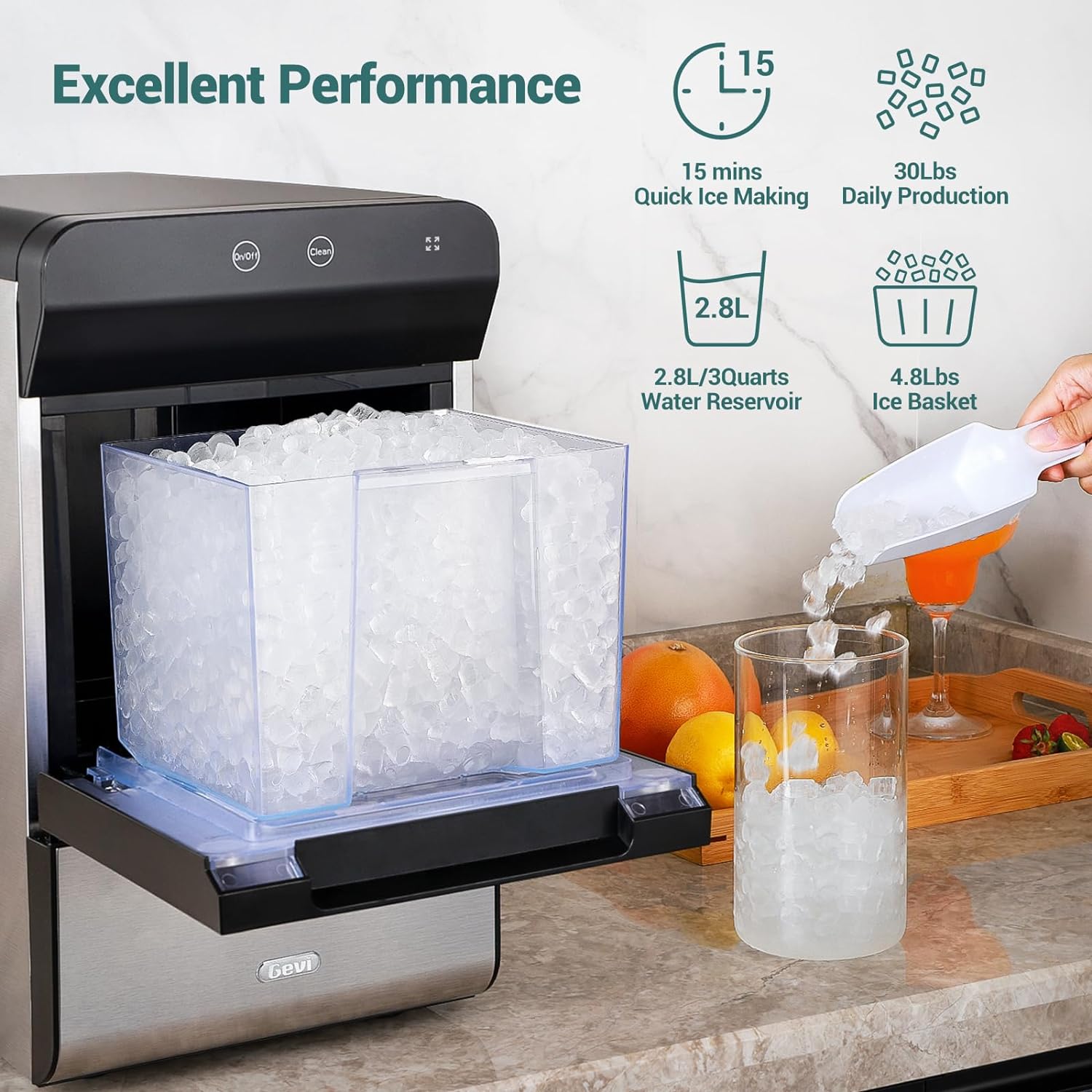 V2.0 Countertop Gemi Nugget Ice Maker | Self-Cleaning Pellet Ice Machine | Open and Pour Water Refill | Stainless Steel Housing | Fit Under Wall Cabinet | White