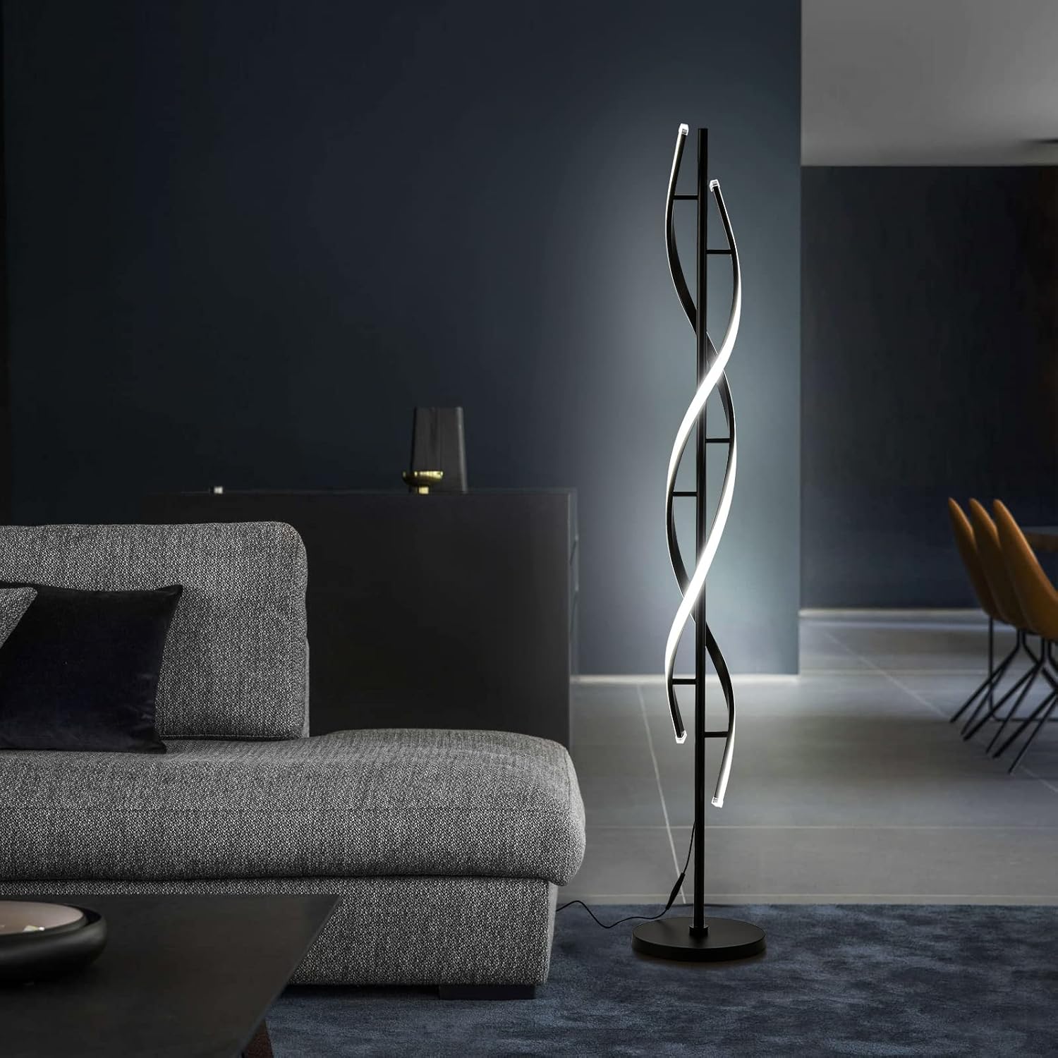 Spiral LED Floor Lamp for Bedroom,Modern Floor Lamps with Remote Control 60 Inch Dimmable Black Floor Lamp 48W Standing Lamp Timing 3 Color Temperature Corner Floor Lamps for Living Room