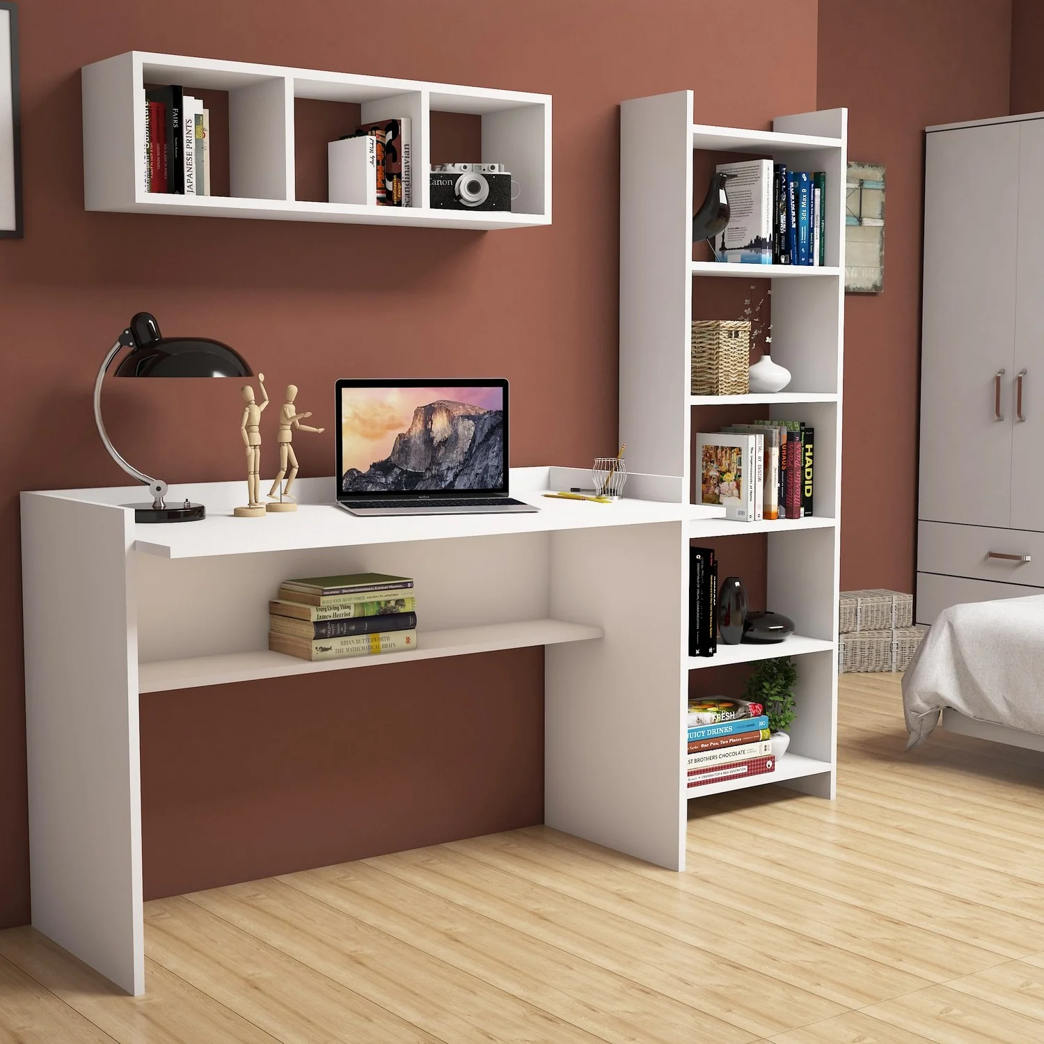Composizione moderna scrivania per ufficio e casa in legno con mensola e libreria