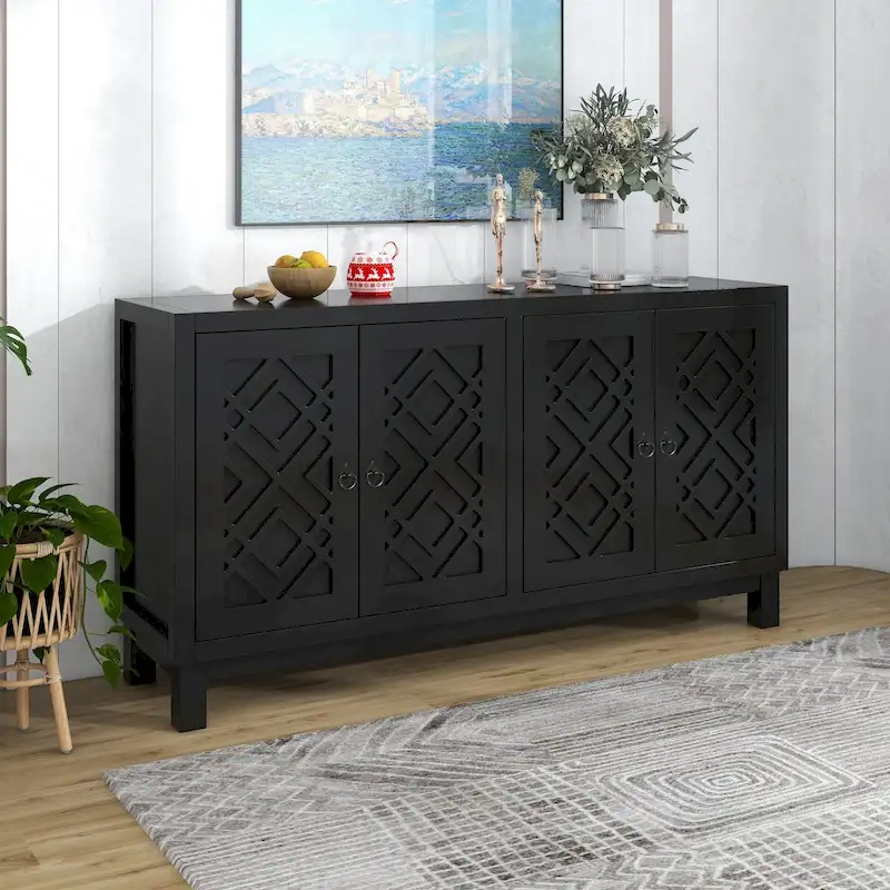 Spacious 4-Door Sideboard Buffet Cabinet with Pull Ring Handles