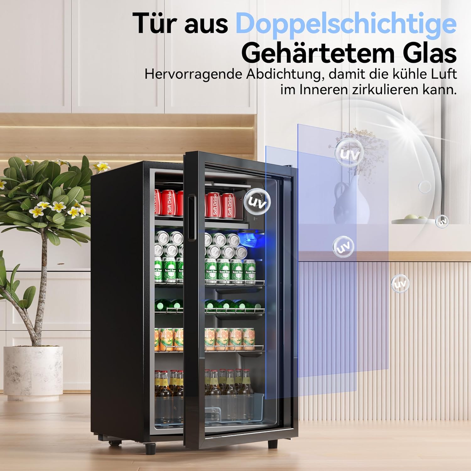 TRIUMPHKEY 93L Getränkekühlschrank,Mini-Kühlschrank für 140 Dosen, mit Glastür kleiner Kühlschrank,LED | 3 Verstellbare Ablageböden für Soda/Bier/Wein | Perfekt für Homebar, Partys, Gastronomie