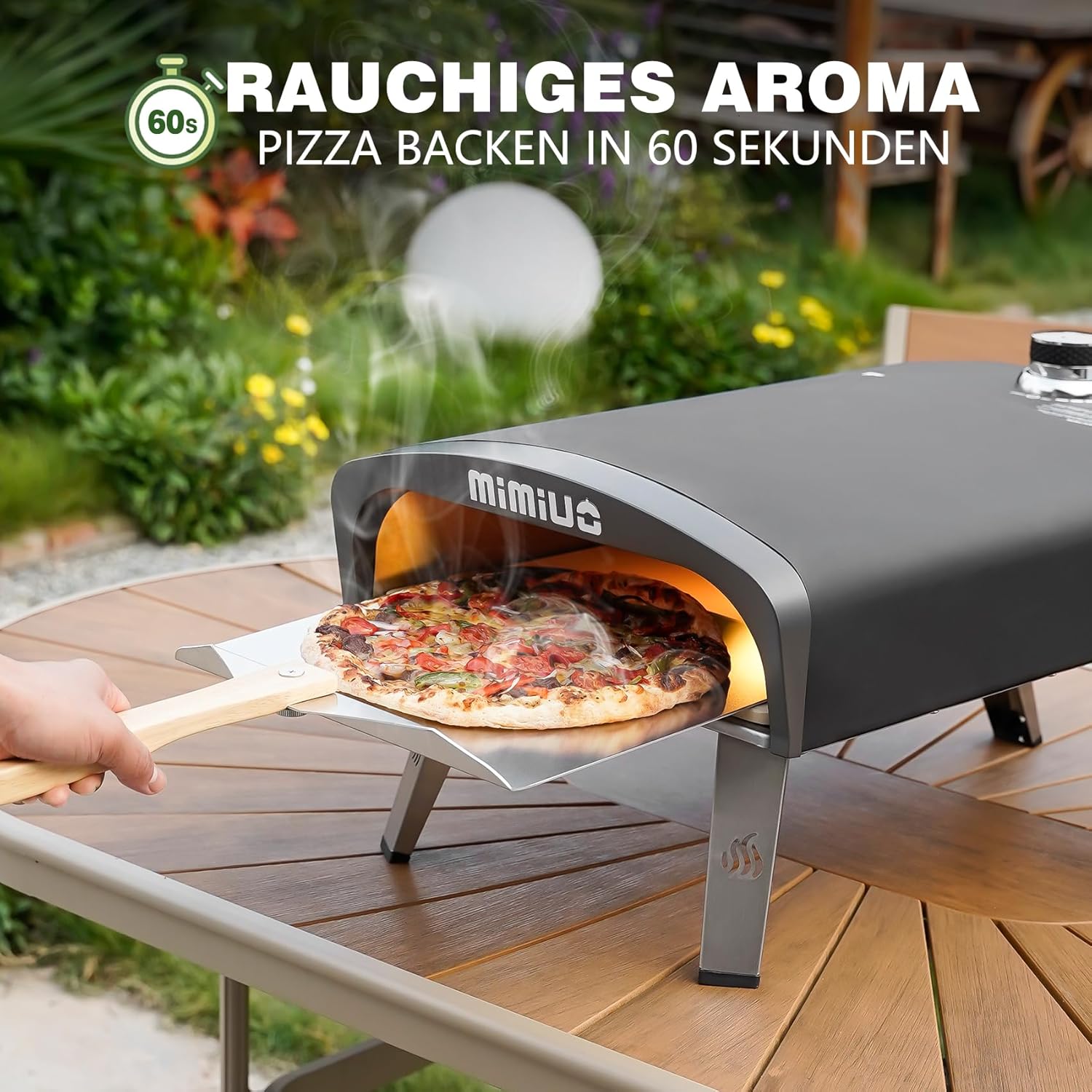 Mimiuo Gas Pizzaofen mit Pizzastein und Pizzaschaufel, mobiler Pizzaofen, Tragbar Pizza Ofen für Terrasse und Balkon, Pizzaofen für den Garten, outdoor, Gas Pizza Oven, Schwarz