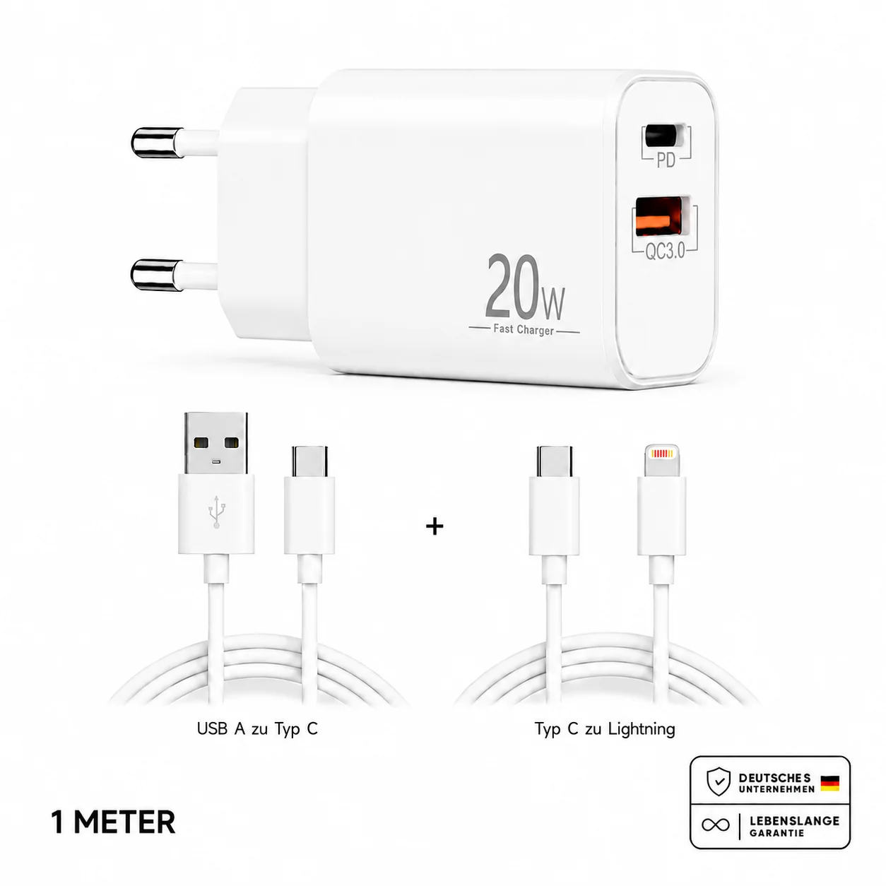 Schnellladegerät USB-C + USB-A Dual Netzteil Universal mit Kabel