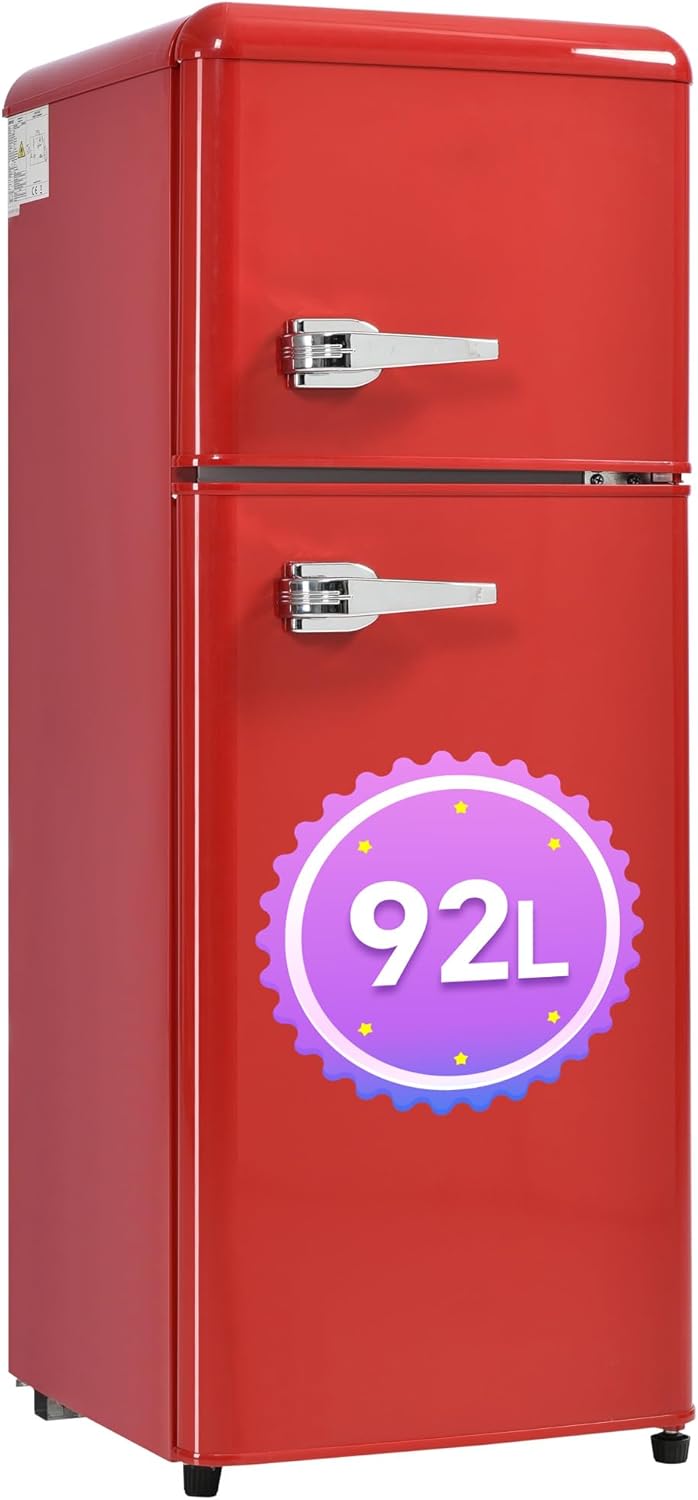 DRIXNO Retro-Kühlschrank. Kühl-Gefrier-Kombination, 105.5 cm hoch, 41 cm breit, zweitürig, mit 92 Liter Gesamtvolumen, 28 Liter Gefriervolumen. Türregale und Glasregale. 181 kWh/Jahr,