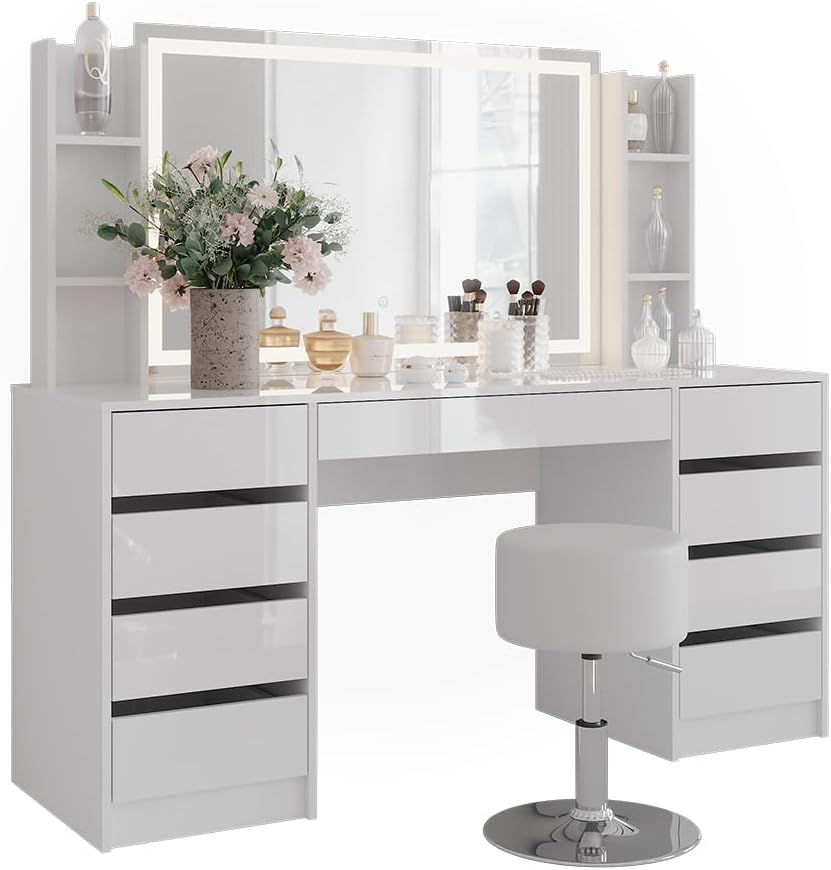 Vicco Schminktisch Sherry, Weiß/Weiß Hochglanz, 158.2 cm 5 Teile, mit LED-Beleuchtung und gepolsterter Sitzbank