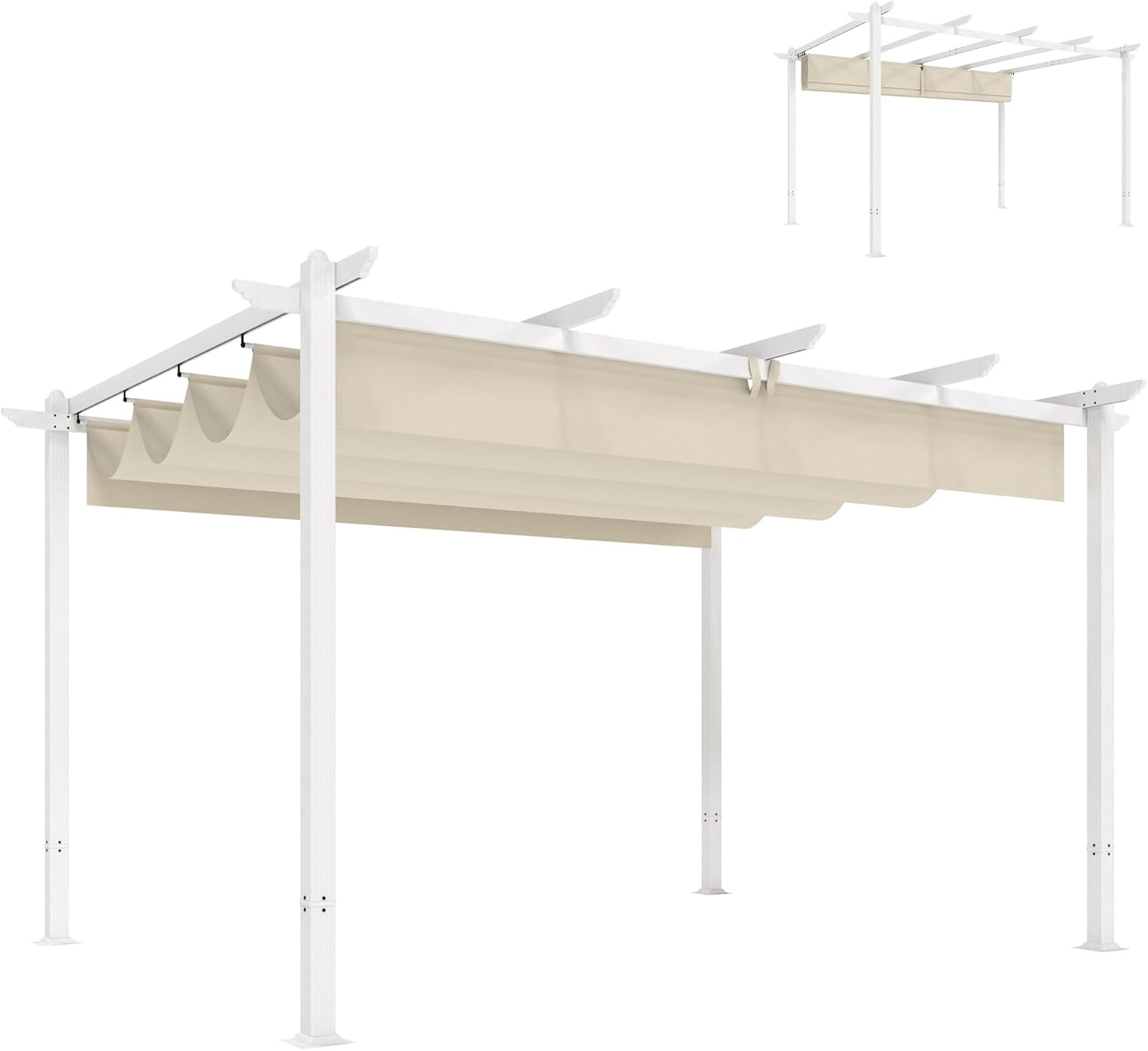 Outsunny Pérgola de Jardín 4x3 m con Techo Retráctil, Cenador de Jardín con Protección UPF30+, Orificios de Drenaje, Estructura Metálica, Pabellón para Patio, Terraza, Exterior, Beige
