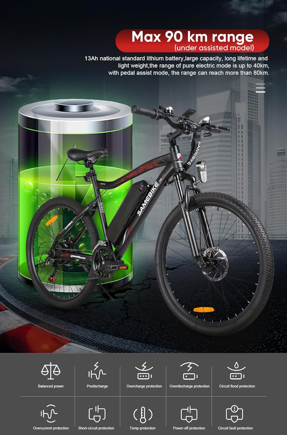 SAMEBIKE Bicicletta Elettrica per Adulti 26'',Bici Elettrica con Pedalata Assistita,City E-bike Unisex Adulto,Batteria Rimovibile 48V10.4AH,Bici Elettriche per 21 Velocità Uomo/Donna
