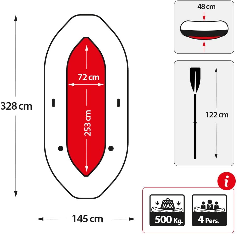 Intex Mariner 4 Set Bateau Gonflable Adulte Unisexe, Gris et Rouge, 328cm x 145cm x 48cm