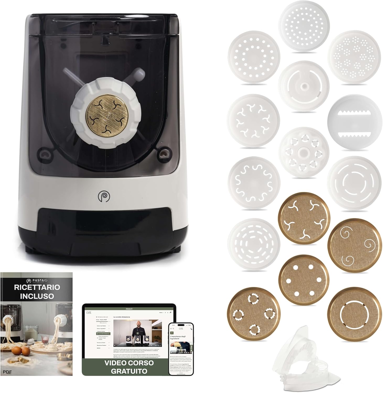 CLASSE ITALY PASTAIO Macchina per la Pasta con 16 trafile di cui 5 in Bronzo. 5 ANNI GARANZIA ITALIA, Pasta Maker, con bilancia, fino a 800g di pasta, 25 tipi diversi di pasta