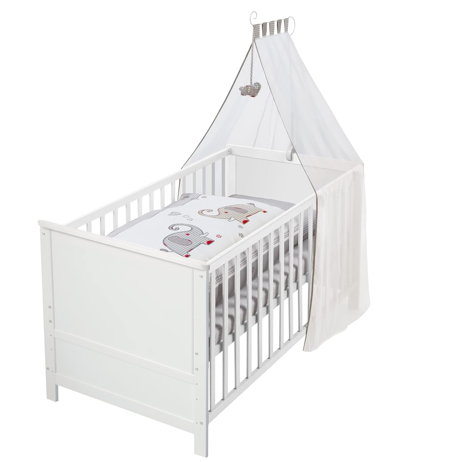 roba Babybett Set Jumbotwins - 70 x 140 cm - Kinderbett mitwachsend / umbaubar - Komplett inkl. Bettwäsche, Himmel, Matratze - Höhenverstellbar - Holz weiß